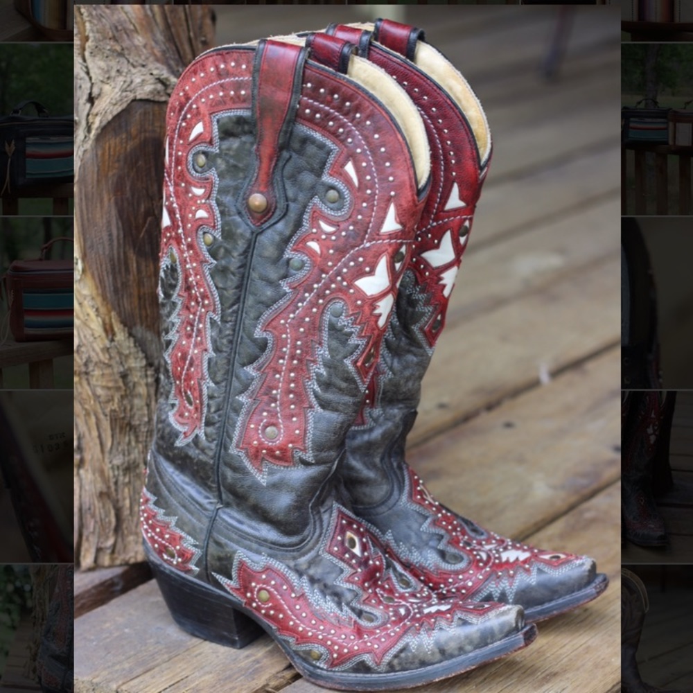 Black and red studded corral boots